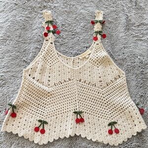 Rebellion Cream Crochet Camisole with Red Cherry Appliqués